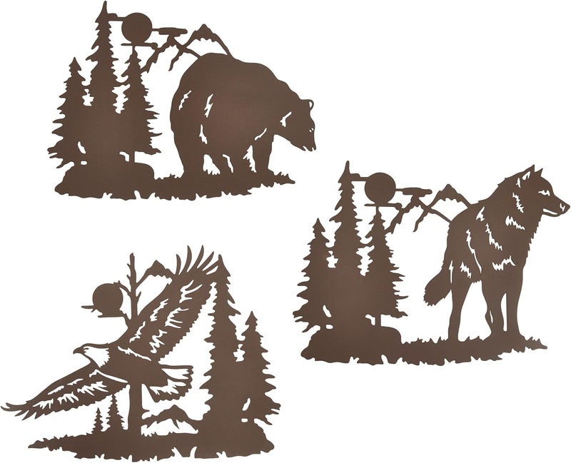 J-Fly Metal Bear Wall Decor Eagle Wall Decor Wildlife Wall Art Rustic Cabin Decor Laser Cut Bear and Wolf Eagle For Living Room Valentine Bathroom etc Indoor & Outdoor Decor 3 Pack - Image 1